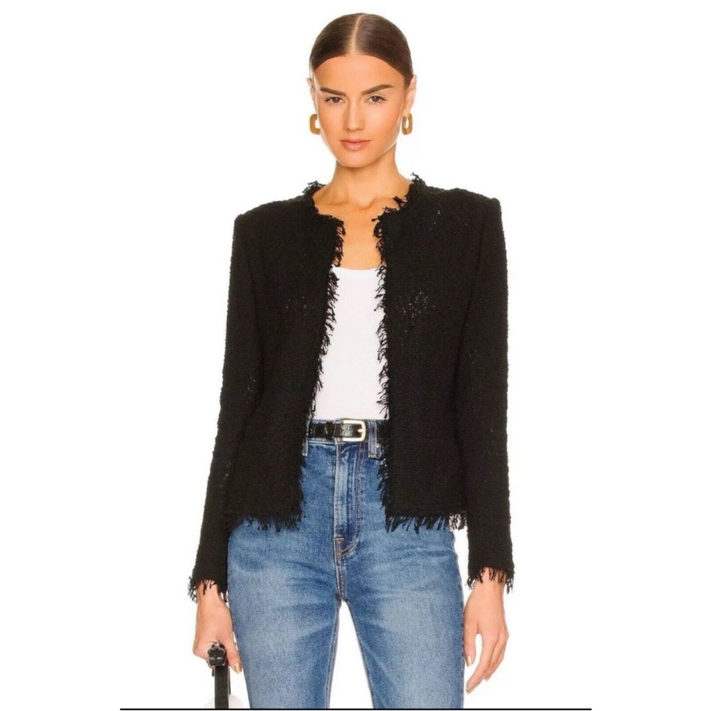 IRO Shavani Jacket Blazer Size 34 US 2 Black Boucle Knit Luxury Fringe